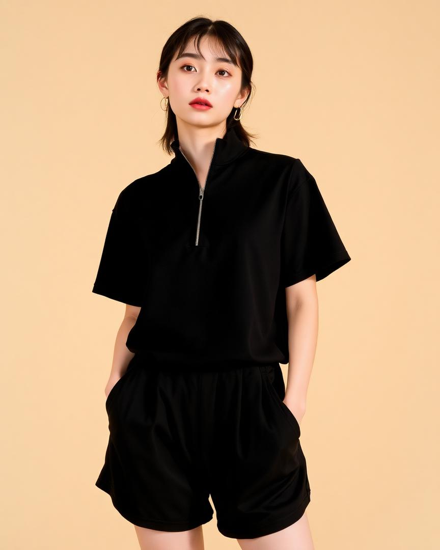 Ensemble noir composé d'un haut zippé à manches courtes et d'un short ample assorti