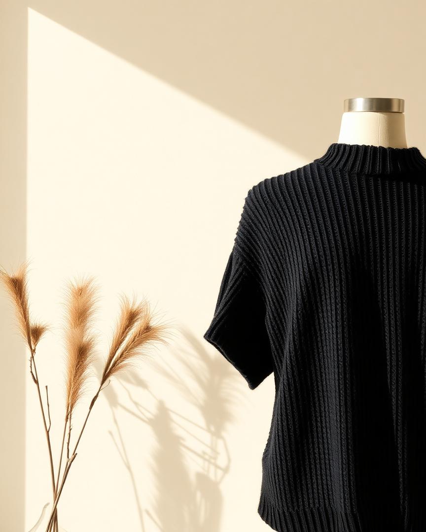 Pull noir en maille côtelée à manches courtes, coupe ample, présenté sur un mannequin de couture