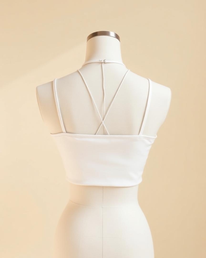Top court ivoire au dos ouvert avec bretelles croisées, présenté sur un mannequin de couture